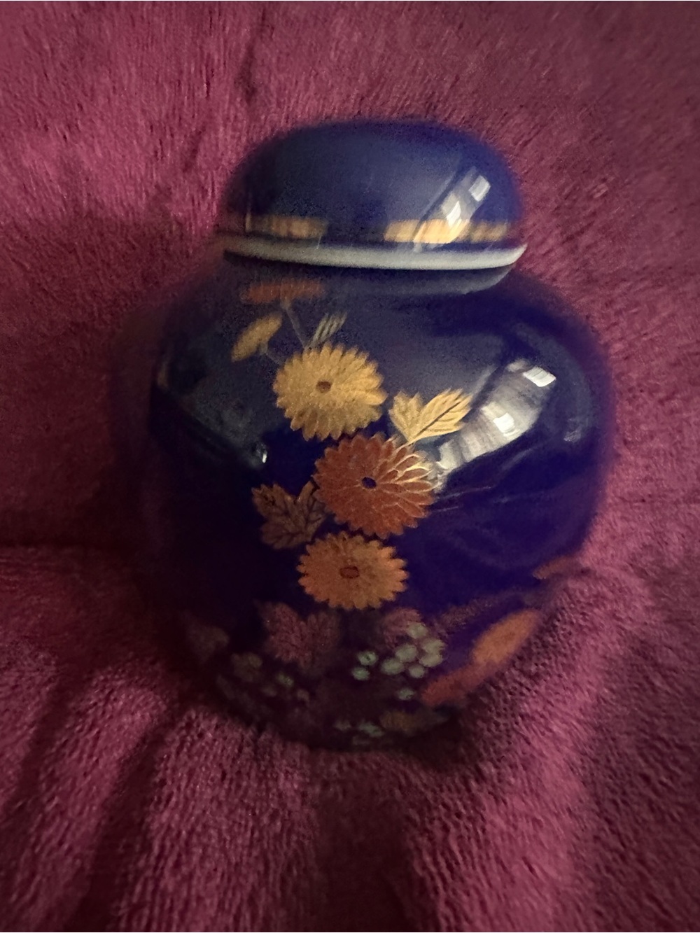 Japanese Cobalt Blue Ginger Jar with Lid Floral Design - Vintage